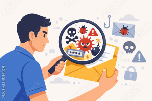 Man Inspecting Email Envelope with Magnifying Glass Revealing Malware Virus and Phishing Threats. Cybersecurity Concept for Spam Detection, Data Protection, and Internet Safety Vector Illustration.