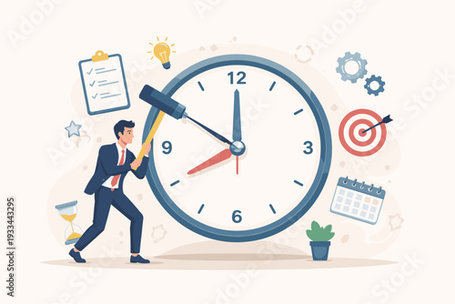 Businessman hitting a large clock with a hammer and nail to stop time. Concept of time management, meeting deadlines, and productivity. Vector illustration with calendar, target, and checklist.