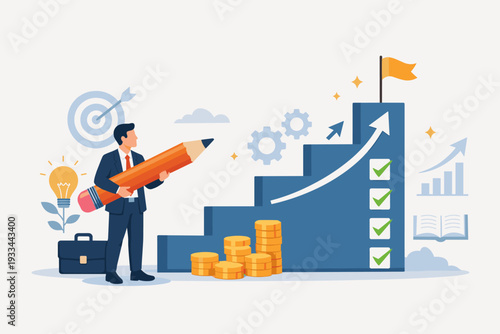 Professional businessman holding a large pencil next to a rising staircase for career growth, skill development, and achievement. Concept of business strategy, goal setting, and success.