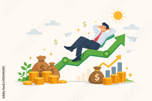 Successful Businessman Relaxing on a Rising Green Arrow Representing Financial Growth and Investment Profit. Concept of Passive Income, Wealth Accumulation, and Stock Market Success with Money Bags.