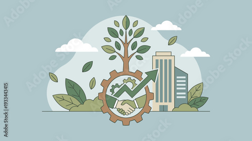 Sustainable Business Growth and Environmental Development Concept Illustration with Tree Growing from Gear, Handshake, and Upward Arrow Representing Eco-Friendly Corporate Partnership and CSR