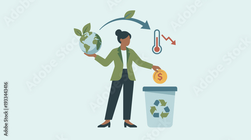 Sustainable Business Concept with Businesswoman Holding Planet Earth and Investing in Recycling to Stop Climate Change, Global Warming Mitigation, Green Economy and ESG Strategy Illustration.