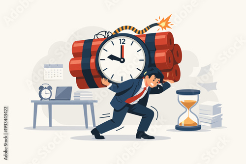 Businessman Carrying a Giant Time Bomb Representing Deadline Pressure and Stress, Time Management Concept with Overworked Employee Struggling with Urgent Work Tasks, Vector Illustration
