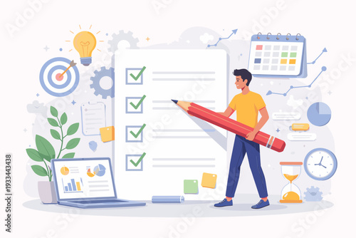 Man checking tasks on a giant checklist with a large pencil for project management, workflow optimization, productivity, time tracking, business planning, and efficient task completion.