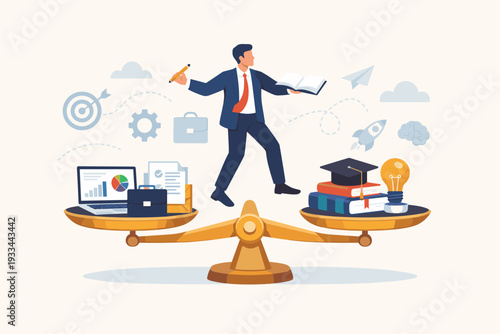 Businessman Balancing Work and Education on Scales, Concept of Lifelong Learning, Professional Development, Career Growth, Juggling Job Responsibilities and Academic Studies, Self Improvement