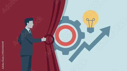 Businessman pulling back a red curtain to reveal symbols of innovation, strategy, and growth with a gear, lightbulb, and upward arrow, representing a new vision and successful business change.