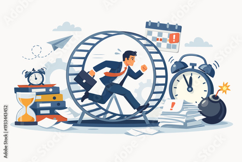 Businessman Running in Hamster Wheel for Time Management and Deadline Concept. Stressed Employee Overwhelmed by Workload, Clocks, Calendar, and Tasks. Corporate Rat Race and Burnout Illustration.