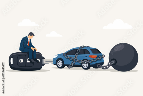 Sad Businessman Sitting on Large Car Key with Chained Vehicle and Wrecking Ball Representing Debt Burden, Financial Stress, Auto Loan Problems, and Economic Hardship Vector Illustration