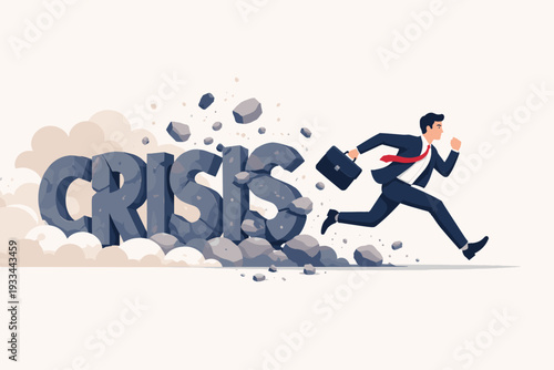 Determined businessman in a formal suit running away from a massive crumbling stone word CRISIS, symbolizing effective crisis management, overcoming financial challenges, and business survival.