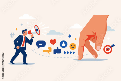 Businessman Shouting into Megaphone for Social Media Marketing Campaign with Large Hand Walking Towards Target, Digital Engagement, Brand Awareness, and Customer Journey Concept Illustration