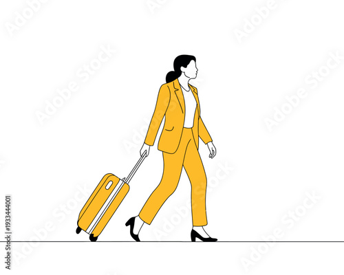 A businesswoman in a yellow suit walking with a suitcase in a minimalist style