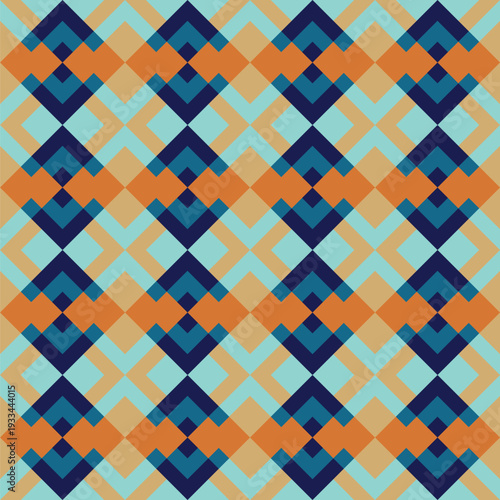 Seamless abstract art deco pattern created from blue, gold and orange diamonds