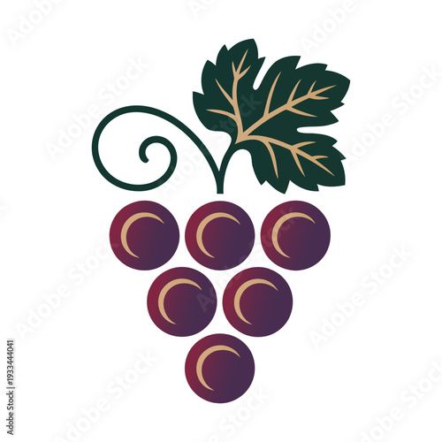 Purple Grape Cluster Logo with Green Leaf Vector Icon for Organic Juice Branding, Agriculture Farm and Healthy Fruit Market