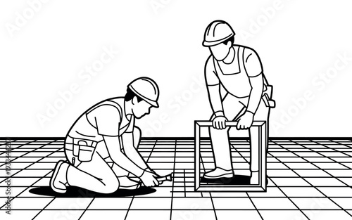 Two construction workers in hard hats laying tiles on a grid floor