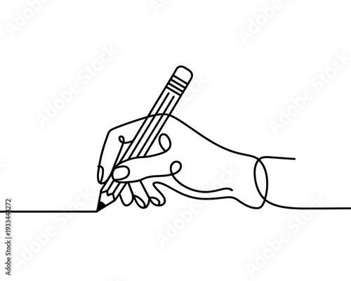 A hand holding a pencil and drawing a line on paper in a simple, minimalist style.