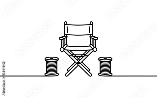 A director's chair with film reels on a clean white background