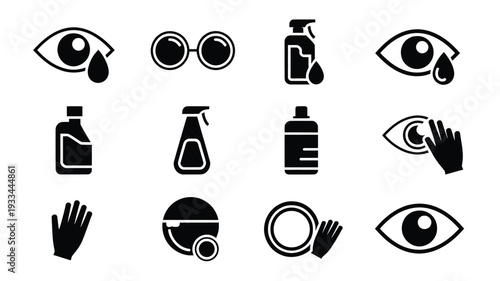 A set of black vector icons illustrating eye protection and hygiene, including eyes, goggles, hand sanitizer, gloves, and more, on a white background, conveying safety and cleanliness.