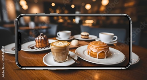 Lifestyle Coffee Photography Scene with Smartphone Capturing Latte and Pastries in Cozy Café