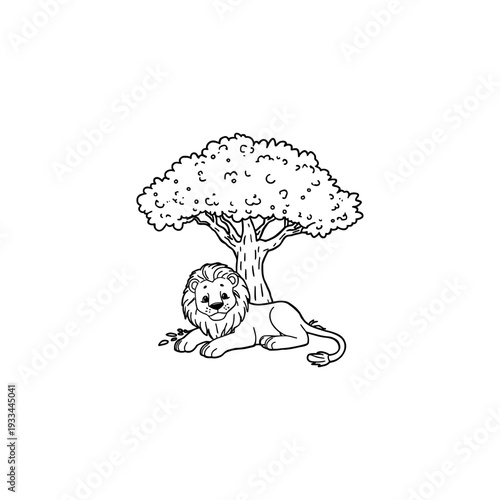 Cartoon Lion Resting Under Tree Vector Illustration.
