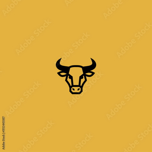 Minimalist Black Bull Head Vector Icon on Yellow Background
