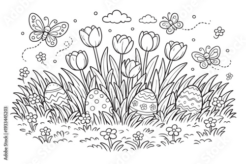 Easter garden with tulips and eggs, children coloring page. concept of spring celebration, festive art, black and white illustration, playful scene, floral design.