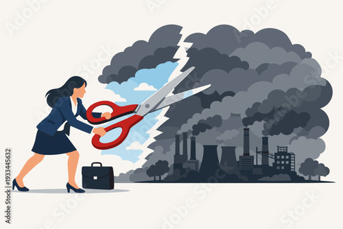 Businesswoman cutting through dark industrial smoke and air pollution with large scissors to reveal clear blue sky, concept of carbon footprint reduction, environmental protection and sustainability.