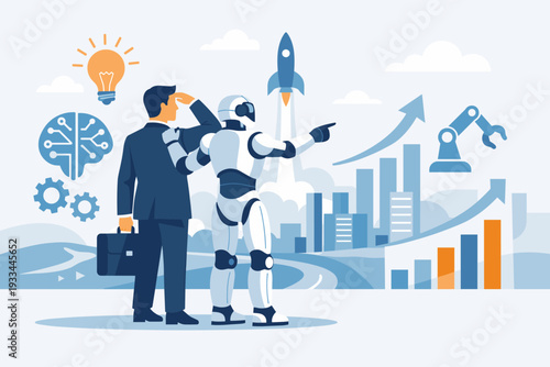 Artificial Intelligence and Human Collaboration for Business Success: Businessman and Robot Looking at Future Growth with Rocket Launch, Automation, Data Charts, and Innovative Technology