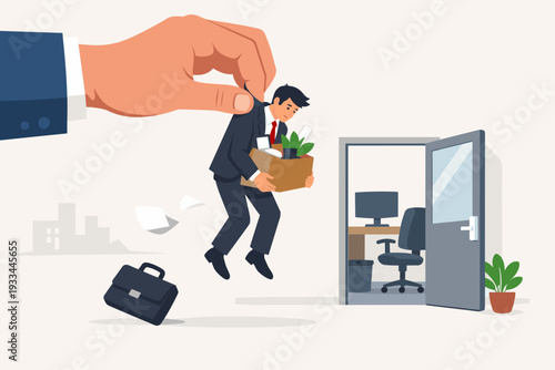 Giant Hand Firing Businessman Holding Box of Belongings Out of Office Door, Concept of Job Loss, Layoff, Unemployment, Corporate Downsizing, and Economic Crisis Flat Vector Illustration Design