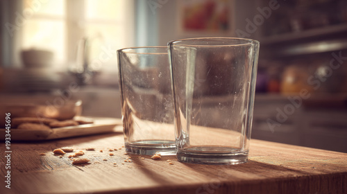 Two empty glass tumblers stacked slightly off-center on a wooden kitchen countertop