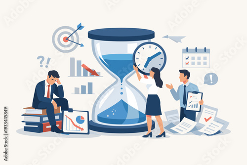 Business Team Struggling with Time Management and Failing Goals, Stressed Businessman Sitting on Books, Large Hourglass and Clock Symbolizing Deadlines, Productivity and Efficiency Vector Art.