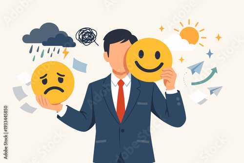 Businessman Changing Sad Face Emoji to Happy Smile Mask, Overcoming Stress and Anxiety, Concept of Emotional Intelligence, Mental Health, Resilience, and Professionalism in the Workplace