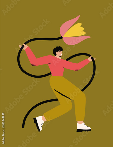 Holiday card with a man and a flower for International Womens Day. Vector illustration with a character for a card, cover, or stationery.