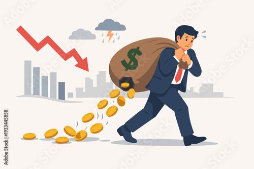 Businessman Carrying a Large Money Bag with a Hole Losing Gold Coins During an Economic Crisis and Stock Market Crash with a Downward Red Arrow and Storm Clouds, Financial Loss Concept Vector