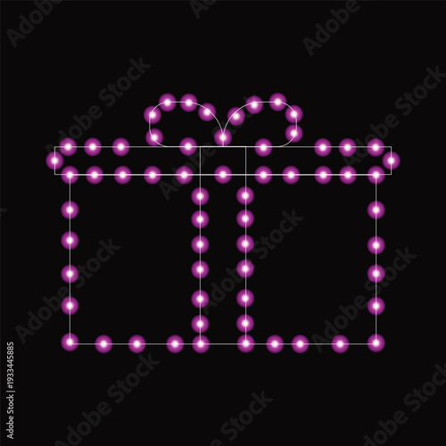 A purple gift box made of string lights on a black background with a bow on top for decoration