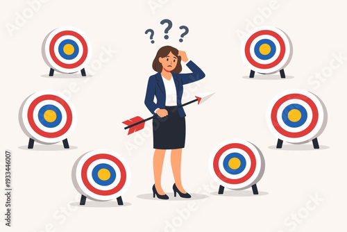 Confused Businesswoman Holding Arrow and Surrounded by Multiple Targets, Unable to Focus or Choose a Goal, Concept of Business Strategy, Indecision, Choice Overload, and Prioritization Issues.