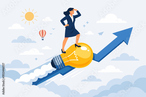 Businesswoman Standing on a Flying Lightbulb Rocket Following an Upward Arrow Path to Success, Creative Business Idea, Innovation, Startup Growth, Visionary Leadership, and Goal Achievement.