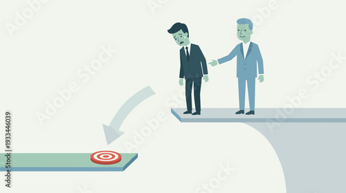 Business Mentoring Concept with an Anxious Businessman at the Edge of a Diving Platform Looking Down at a Target while a Supportive Mentor Points the Way Forward to Achieve Success and Career Goals.