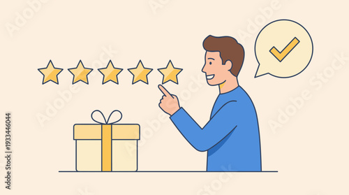 Customer Satisfaction and Five Star Rating Concept. Flat Vector Illustration of a Man Pointing to 5 Stars with a Gift Box and Checkmark Icon, Representing Positive Feedback and User Reviews.