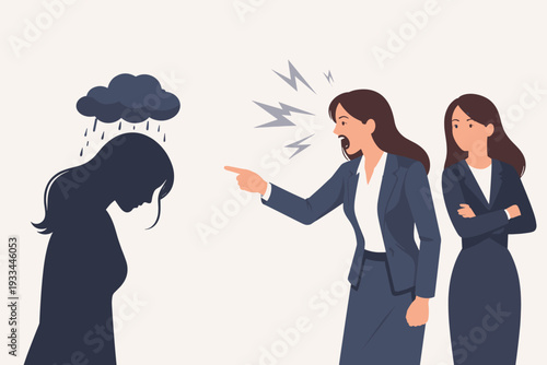 Corporate bullying and workplace harassment concept vector illustration with an angry boss shouting at a depressed employee silhouette under a rain cloud, toxic office environment and stress.