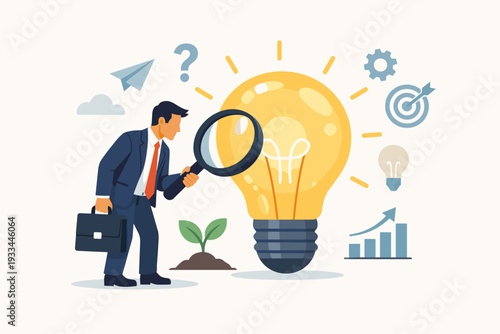 Businessman in a suit using a magnifying glass to examine a large glowing light bulb, representing business idea exploration, finding solutions, innovation, research, and strategic growth analysis.