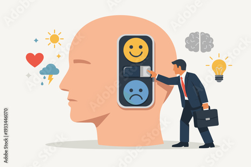Emotional Intelligence Concept with Businessman Flipping Switch from Sad to Happy Inside Human Head Profile, Mental Health Awareness, Positive Thinking, Psychology and Self Regulation Vector.