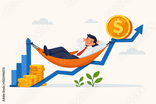 Happy rich businessman relaxing in an orange hammock tied to a rising financial growth arrow graph with gold coins, concept of passive income, wealth management, successful investment, and profit.