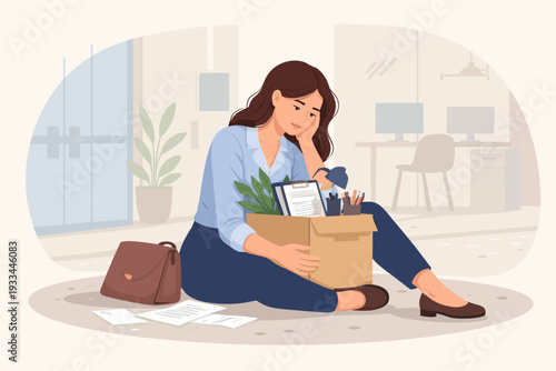 Depressed woman sitting on the floor with a cardboard box of office supplies after losing her job. Concept of layoff, unemployment, and economic crisis impact on employees. Vector illustration.