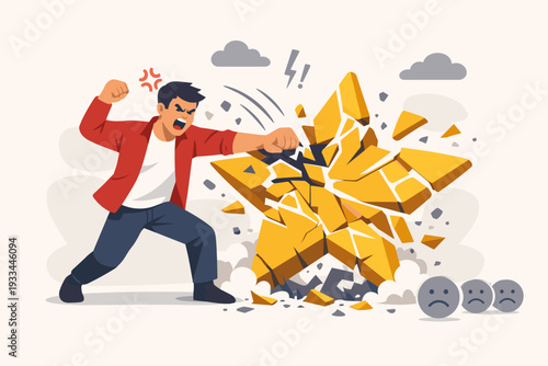 Angry Man Punching and Shattering a Large Golden Star Representing Negative Feedback and Customer Dissatisfaction, Concept of Bad Review, Frustrated Consumer Expressing Rage and Disappointment