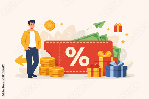 Vector Illustration of a Man with a Big Discount Coupon, Gift Boxes, and Money, Representing Cashback Rewards, Marketing Promotion, E-commerce Sales, and Customer Loyalty Program Benefits.