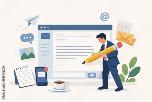 Businessman Writing Email on Large Digital Screen with Giant Pencil for Business Communication, Marketing Promotion, and Storytelling, Sending Online Messages and Newsletters Illustration
