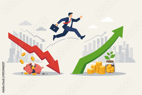 Businessman jumping from falling red arrow to rising green arrow representing economic recovery, financial growth, and market success after recession with broken piggy bank and coin stacks.