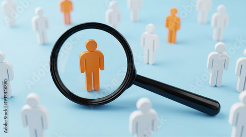 Magnifying glass highlighting an orange person icon among white figures, symbolizing talent search and recruitment