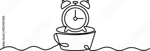 A minimalist line drawing of an alarm clock sitting in a coffee cup with a wavy line underneath.