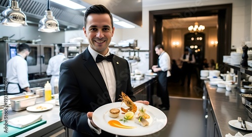 Professional Waiter Presenting Gourmet Dish in Modern Restaurant Kitchen Service Scene